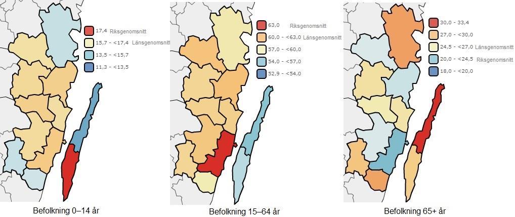 12 Figur 5. Befolkning under 15 år, 15 64 år, samt 65+ år, 2015 Källa: SCB, Folkmängden den 1 november efter ålder och region, 2015 Figur 6.