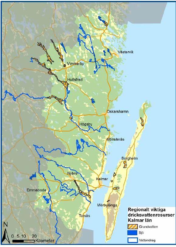 28 Figur 21. Dricksvattenresurser i Kalmar län Figur 21 visar de vattenresurser som pekats ut som regionalt viktiga för dricksvattenförsörjningen.