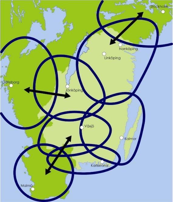 Genom förbättrade kommunikationer kan de funktionella regionerna runt Kalmar, Oskarshamn och Växjö samt Karlskrona och Ronneby komma att knytas närmare varandra.