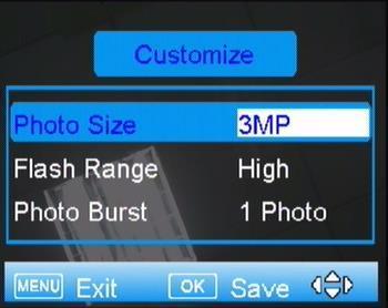 Bild 3 5.3 Customize: Detta läge rekommenderar vi, och då inställd på 10MP och flash range Hög. Denna inställning gör att du helt kan bestämma kamerans fotoinställningar. 5.3.1 Photo Size / bildstorlek: Här kan du ändra kamerans bildstorlek enligt följande: 1.