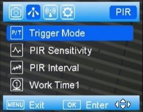 PIR meny: Trigger Mode Under denna hittar du följande 3 funktioner: PIR Trigger / rörelsesensor: Kameran tar bild när något rör sig framför kameran.