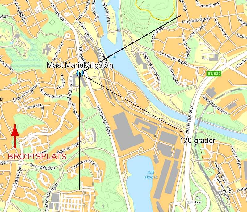 När samtalet startar kopplar Kazims telefonnummer upp mot Mast Nygatan i Södertälje. Startriktningen på antennen är 180 grader.