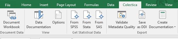 Metadata/dokumentation för datasetet Öppna datafilen i Excel, klicka på fliken Colectica och därefter på Document Workbook.