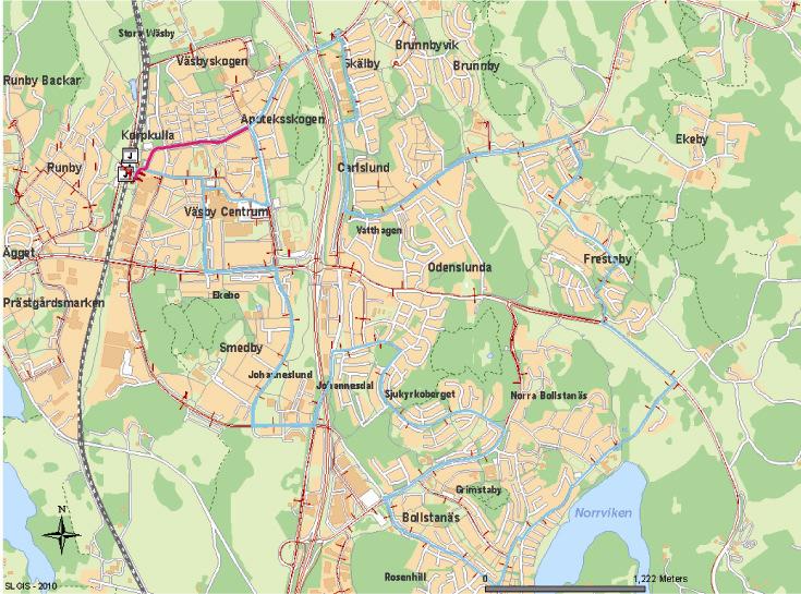 Figur 10. Rosa: alternativ körväg för linje 545H och 545V. Blå: befintlig linjesträckning.