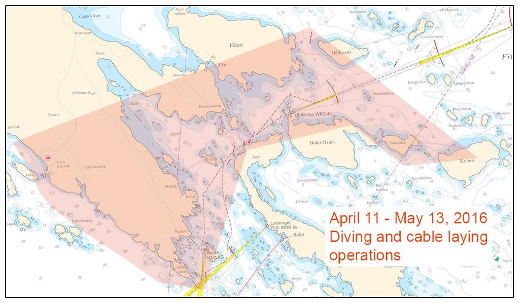 2016-04-14 8 Nr 594 Tid: 11 april - 13 maj 2016, vardagar 0700-2000. Dykeriarbeten och arbeten med kabelförläggning utförs i området markerat i bild.