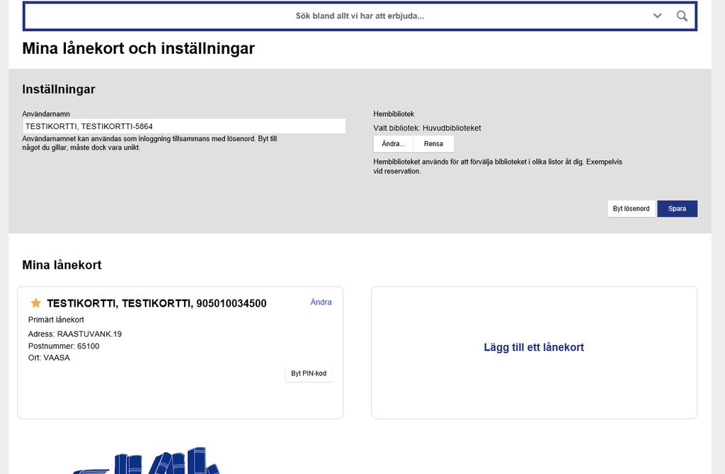 Mina lånekort Du kan skapa ett användarnamn och ett lösenord under punkten Inställningar om du hellre vill logga in med dessa än med bibliotekskortets