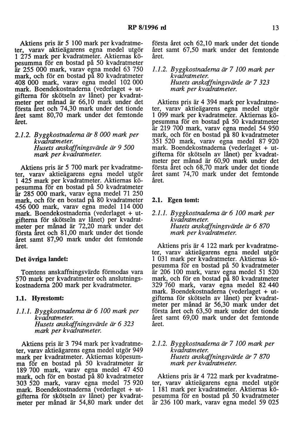 RP 8/1996 nl 13 Aktiens pris är 5 l 00 mark per kvadratmeter, varav aktieägarens egna medel utgör l 275mark per kvadratmeter.