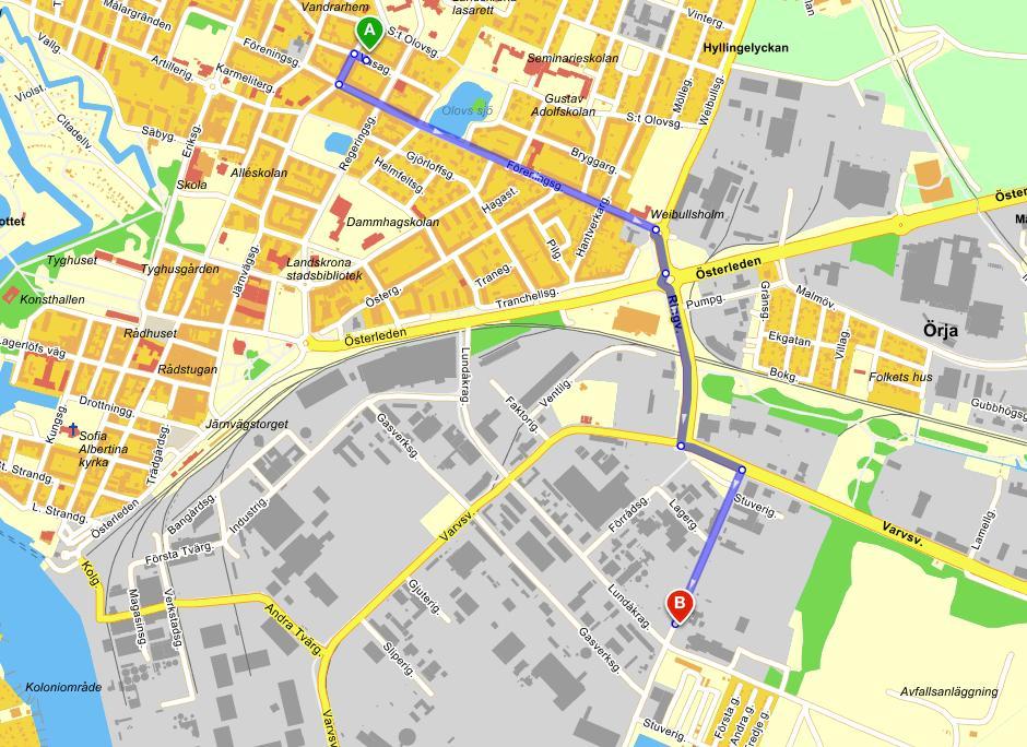 LSR:s återvinningscentral Start: Vasagatan 23, Landskrona Mål: Stuverigatan