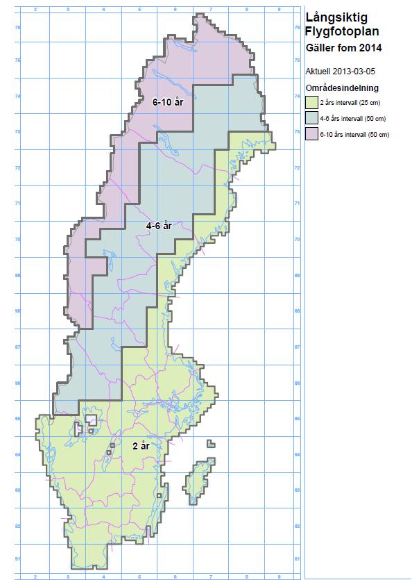 Bildförsörjningsprogram från 2014 och framåt Anpassningar av flygfotoplanen har gjorts till användarbehov, teknisk utveckling av nya kameror, ekonomiska ramar och väderförutsättningar.