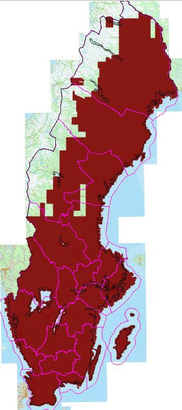 Nationell höjdmodell, produktionsläge april 2014 Alla färdigskannade områden är leveransklara Kvarvarande områden bevakas