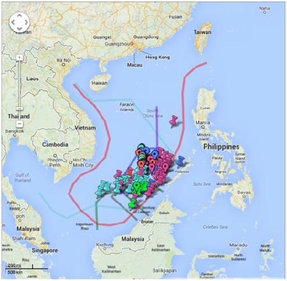 Färg Land Blå markör Turkos markör Gul markör Brandgul markör Grön markör Rosa markör Röd linje Turkos linje Grön linje Brun linje Blå linje Lila linje Filippinsk ockupation Vietnamesisk ockupation