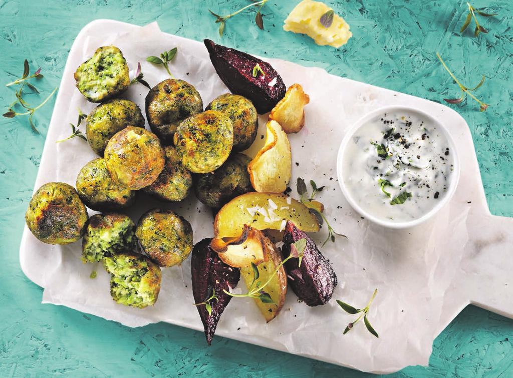 RECEPT 2 35 min 432 kcal/port Fett 44% Kolhydrater 35% Protein 21% Broccolibollar med ost och rostade rotfrukter Vego-bollar med rostad potatis och morot.