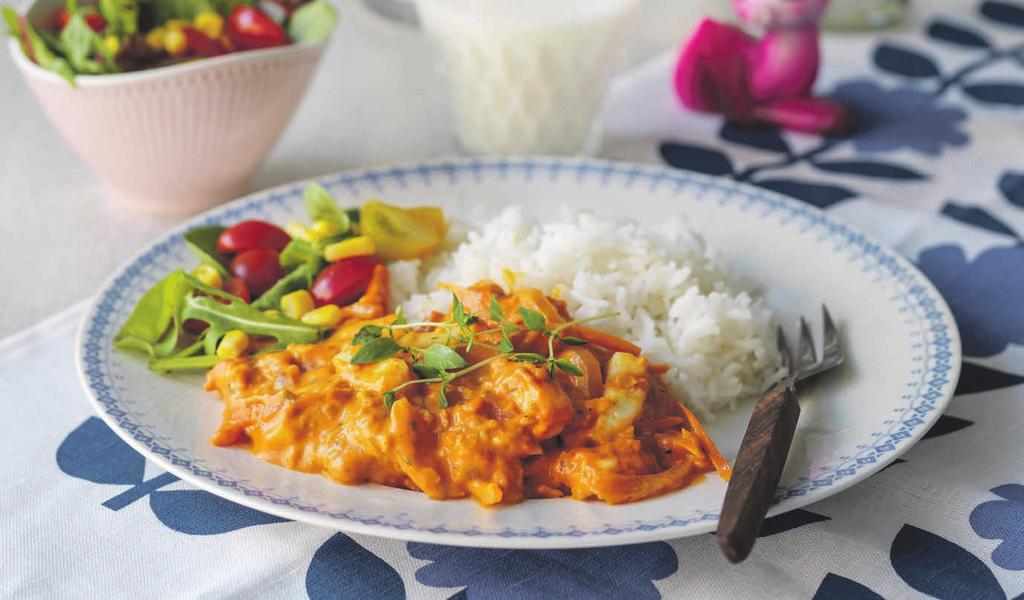 RECEPT 3 20 min 470 kcal/port Fett 33% Kolhydrater 47% Protein 20% Halloumi Stroganoff God kombo med salt halloumi i den krämiga tomatsåsen.