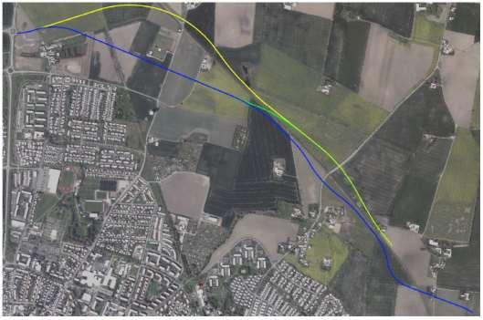 Figur 11 Alternativa sträckningar av norra delen av Östra ringvägen som studerats i lokaliseringsstudien utförd av WSP. Gult och blått alternativ har valts att studera vidare i denna rapport.