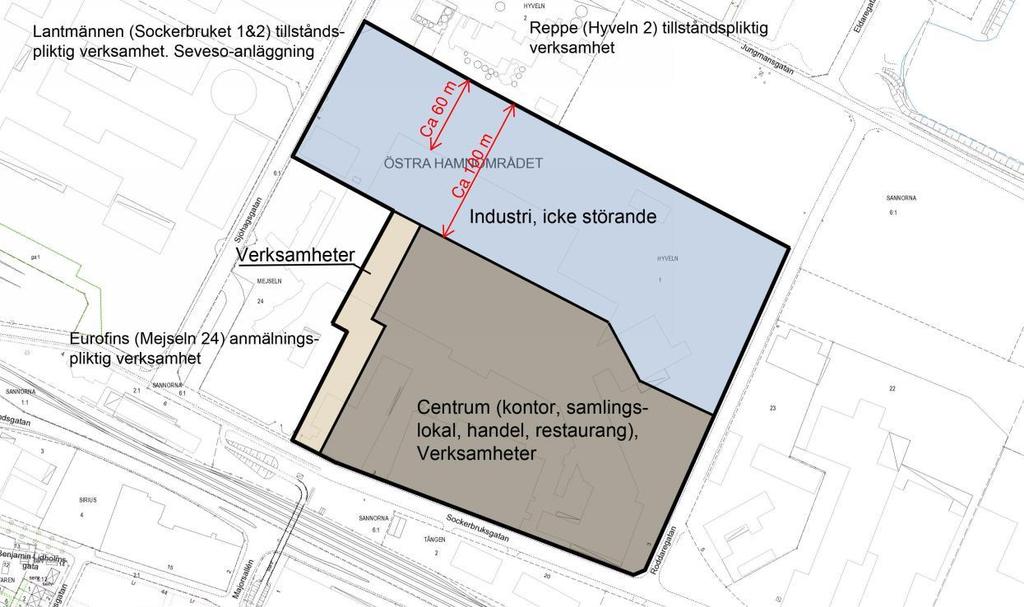 Söder om denna planeras för centrumbebyggelse (kontor, lekland, handel och restauranger etc.).