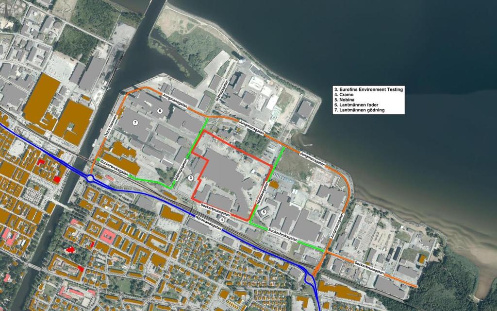 Figur 4.9. Transportleder för farligt gods. Lokala transportvägar i Östra hamnen (orange) och Rörstrandsgatan (blå).