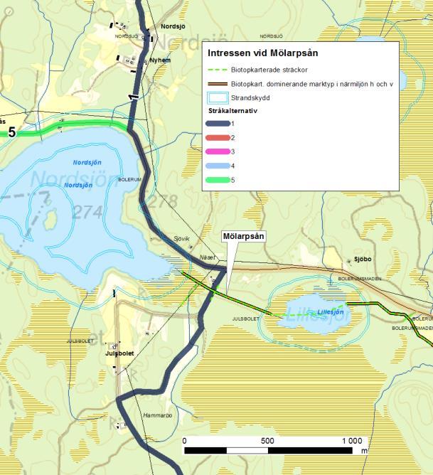 4.4 Vattenmiljö Inom utredningsområdet finns flera olika typer av intressen avseende vatten; strandskyddade områden, områden utpekade som värdefulla vatten (avseende sjöar och fiske respektive