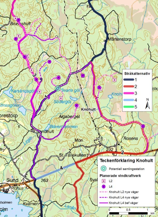 4.7 Infrastruktur Stråkalternativen har huvudsakligen identifierats längs med befintliga vägar som avses förstärkas och breddas samt utmed nya planerade vägar inom vindkraftparkerna, se figur 8.