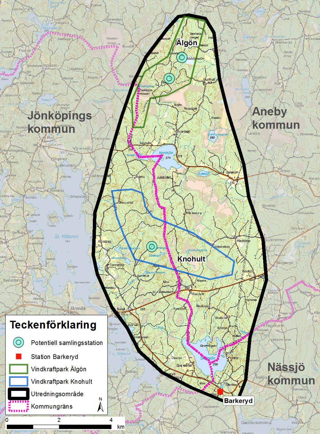 Figur 2. Utredningsområde (svart linje) och ungefärlig placering av Älgön respektive Knohults samlingsstation (turkos punkt) 3.