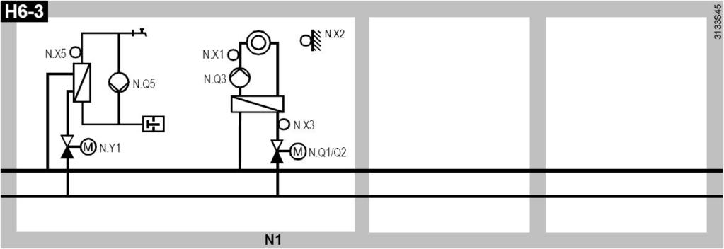 Anslutningsplintar vid 2:a värmekretsmodul RMZ782B, om 2 värmekretsmoduler används Q1 Reläplintar, består av Q11, Q12 och Q14 (t.ex.