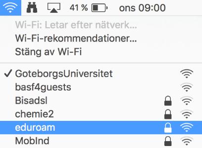 3. I listan över trådlösa nätverk, markera eduroam. 4. Klicka på minustecknet och sedan Ok. 5. Välj Utför och stäng rutan. 6.