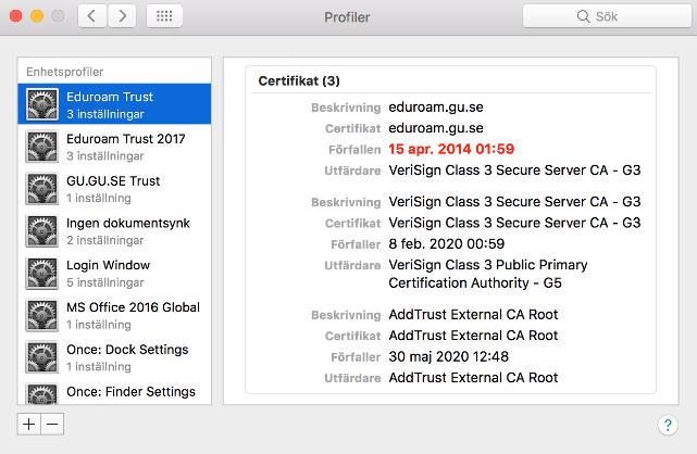 Markera och ta bort alla eduroam-profiler (det kan finnas flera stycken) genom att klicka på minustecknet. 3.