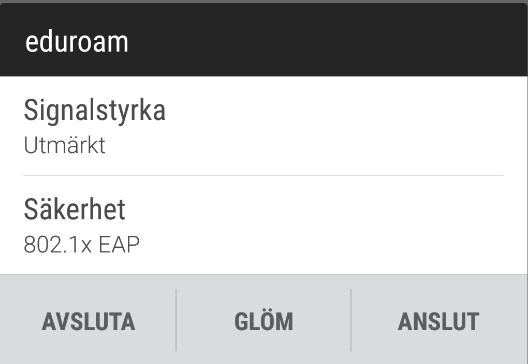 Anslutningsproblem Ta bort tidigare inloggningar Om du ansluter till eduroam utan certifikat och t.ex.