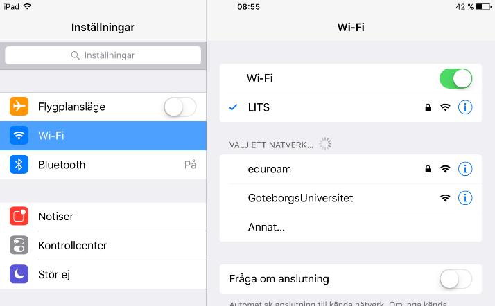 Anslut iphone, ipad 1. Öppna Inställningar. 2. Markera Wi-Fi och kontrollera att funktionen är påslagen.