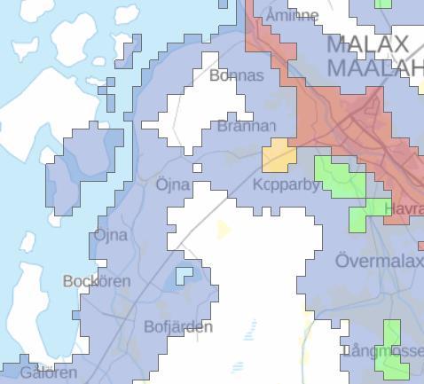 1-9 Bild 4. Bilden förevisar samhällsstrukturen. Planläggningsområdets ungefärliga läge med röd cirkel. Röd färg; Tätortsområden. Grön färg; Byar. Orange färg; Småbyar.