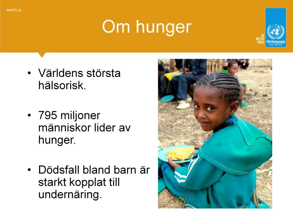 Hunger är världens största hälsorisk - det dödar fler människor varje år än aids, malaria och tuberkulos tillsammans. Det finns 795 miljoner människor som lider av hunger i världen i dag.