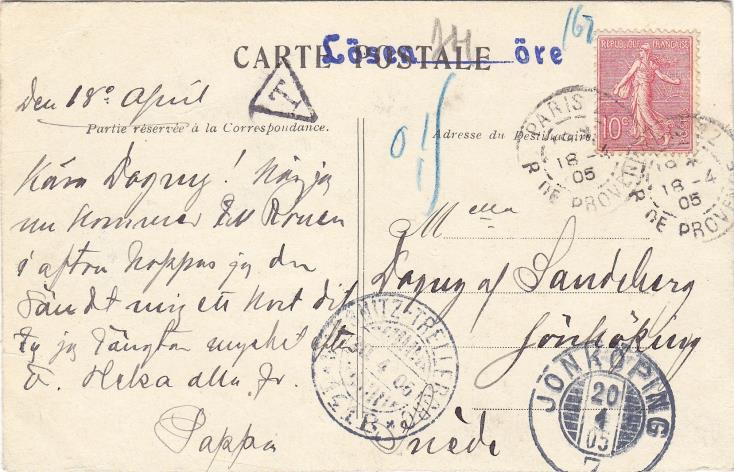 Bild 17: Kort från Frankrike, 20/6 1905. Bild 18: Kort till Belgien, 11/11 1905. Det land dit lösenbelagda delade kort är vanligast är utan tvekan USA.
