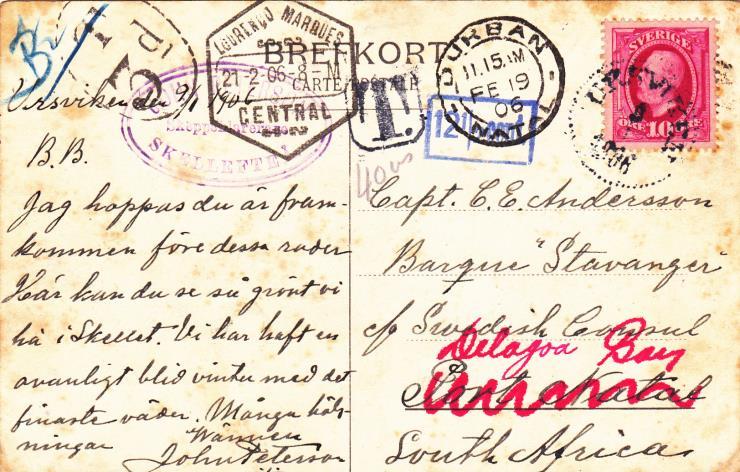 Bild 11 visar ett kort med delad adressida sänt till Natal i januari 1906.