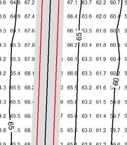 Till vänster: Ljudnivå beräknas i ett stort antal punkter. Mitten: Linjer som markerar fasta intervall placeras ut m h a interpolering. Till höger: Fälten mellan linjerna färgläggs.