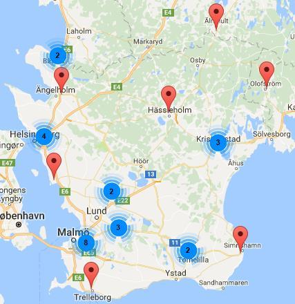 Figur 6. Fördelning av tankstationer för fordonsgas Antalet publika laddpunkter ökar fort. I oktober 2017 fanns 272 stycken publika laddpunkter i Skåne 33.