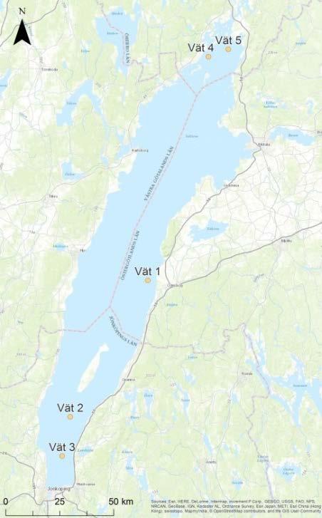 Figur 5 Provtagningsstationer för sediment i Vättern.