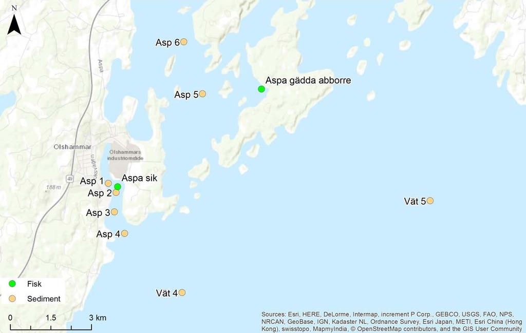 Figur 8 Provtagningspunkter för sediment och fisk i recipienten till Aspa bruk i Olshammar, norra Vättern. Provtagningen genomfördes den 3-5 maj 2017. 3.2 Samband mellan PCDD/F och PCB sediment och fisk 3.