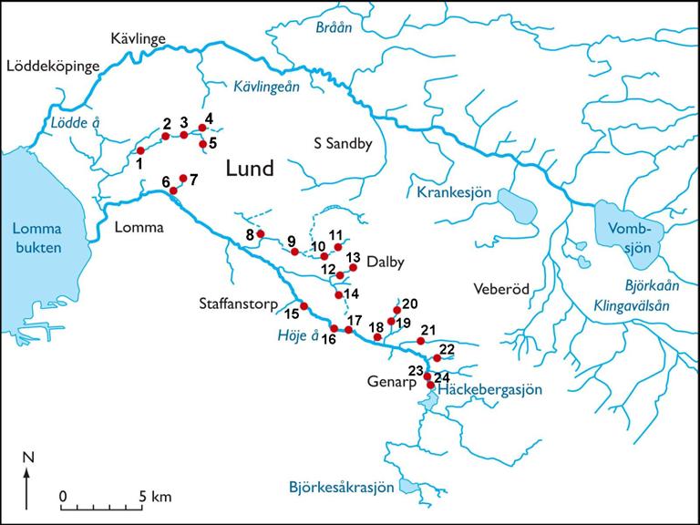 Fiskfauna och vandringshinder Eklövs Fiske & Fiskevård Figur 4.1 Översikt av Höje å med markerade vandringshinder. Utav de 24 vandringshinder som förekom i Höje å var kulvertar vanligast (tabell 4.1).