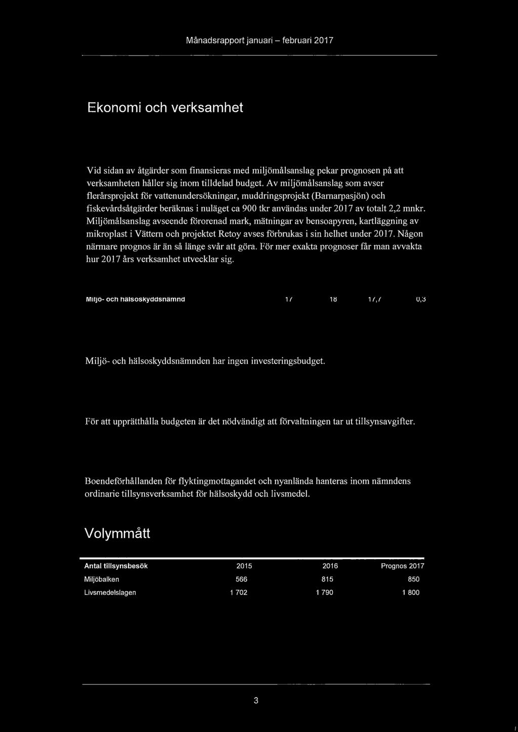 Månadsrapport januari- februari 2017 Ekonomi och verksamhet Ekonomi Vid sidan av åtgärder som finansieras med miljömålsanslag pekar prognosen på att verksamheten håller sig inom tilldelad budget.