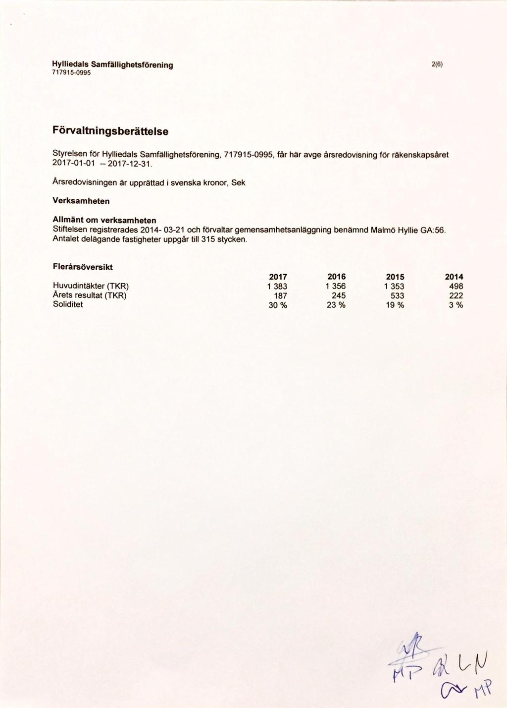 Hylliedals Samfällighetsförening 216) Förvaltningsberättelse Styrelsen för Hylliedals Samfällighetsförening,, får här avge årsredovisning för räkenskapsåret 2017-01-01 --2017-12-31.