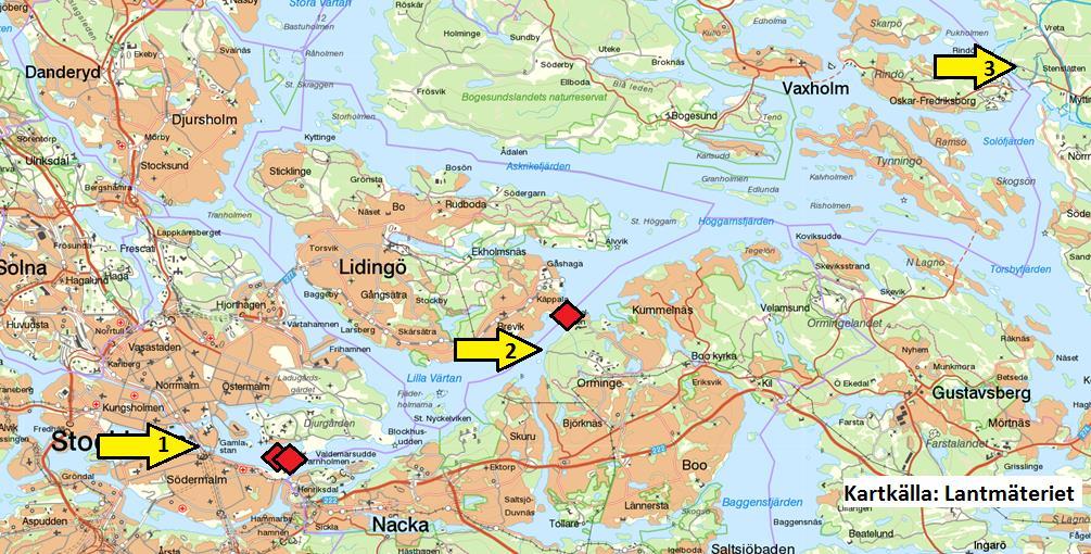 Figur 2. Karta över provtagningsplatserna för ytvattenproverna (pilar) tagna vid 1. Centralbron (uppströms), 2 Halvkakssundet (nära utsläpp) och 3. Oxdjupet (nedströms).