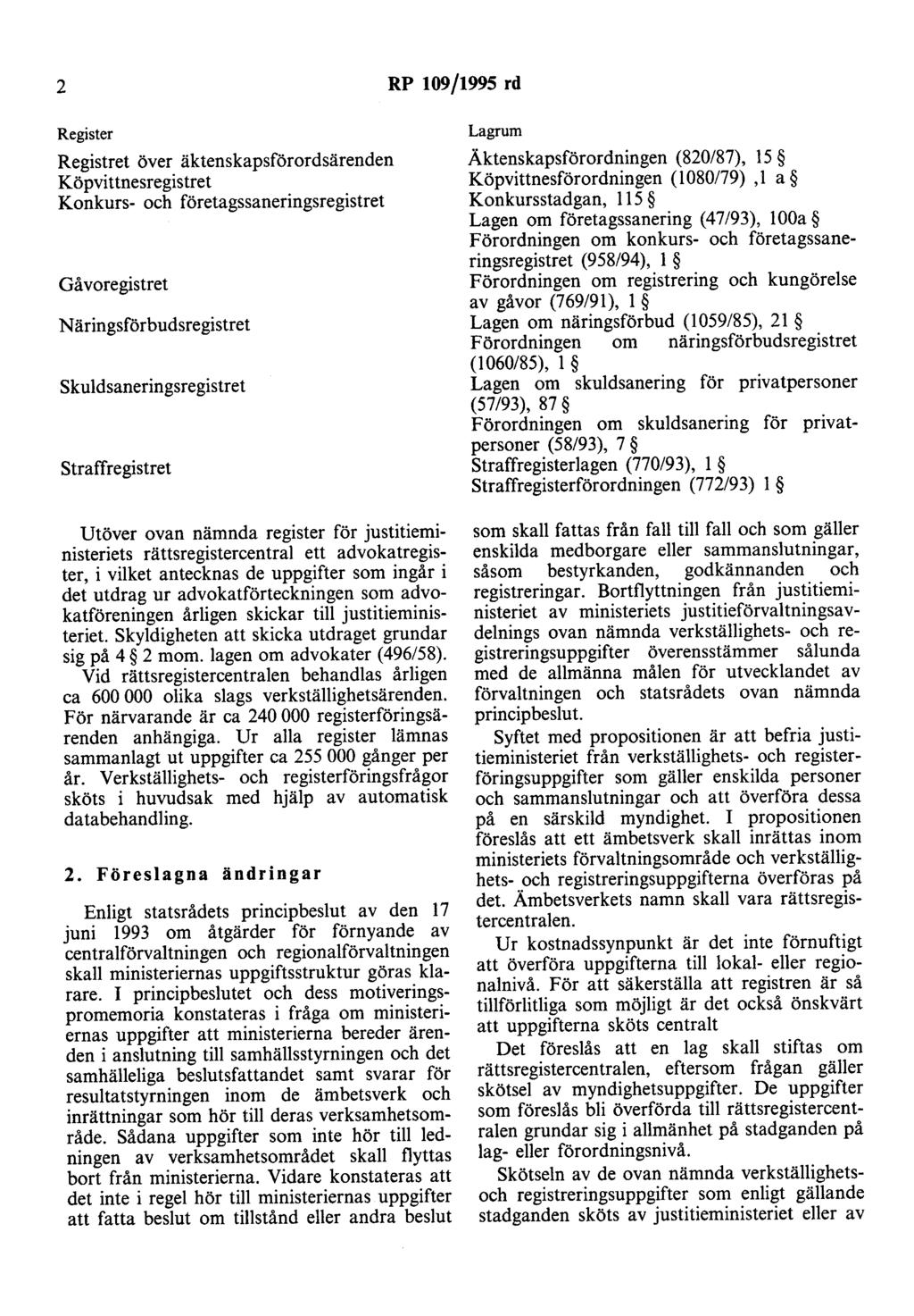 2 RP 109/1995 rd Register Registret över äktenskapsförordsärenden Köpvittnesregistret Konkurs- och företagssaneringsregistret Gå voregistret Näringsförbudsregistret skuldsaneringsregistret