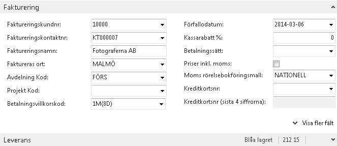 Fältförklaring fliken Fakturering: Fältnamn Faktureringskundnr Dimension kod 1 (här kallad Avdelning)