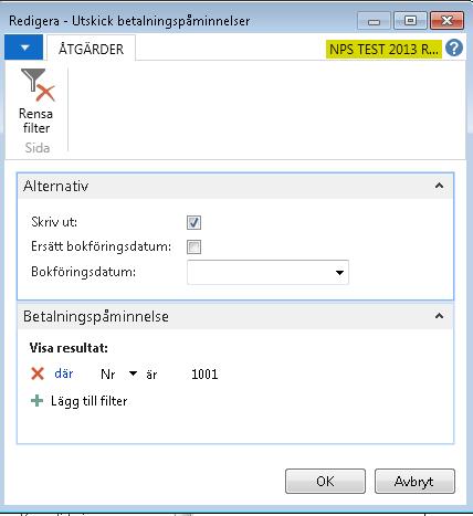 På fliken Alternativ kryssar du för om du vill att påminnelserna ska skrivas ut direkt genom att markera Skriv ut. Om du vill vänta med att skriva ut lämnar du fältet blankt.