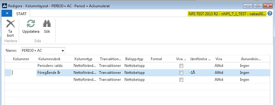 Två kolumner har definierats där den översta visar periodens saldo och den andra visar samma period ett år tidigare. OBS! Utskriften klarar av maximalt 5 kolumner.