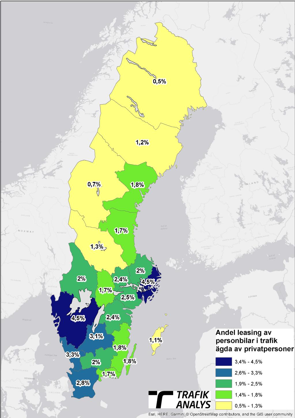 Privatleasing är vanligast i Västra Götalands och Stockholms län där 4,5 procent av personbilarna i trafik ägda av privatpersoner är leasade.