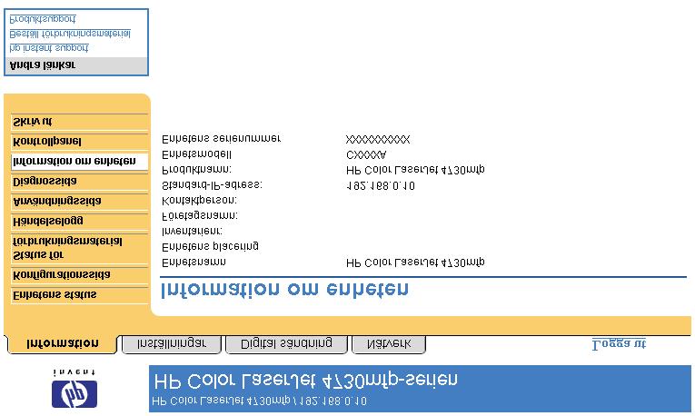 Information om enheten Bildskärmen Information om enheten visar enhetsbeskrivningen, enhetens inventarienummer, företagets namn och kontaktperson, enhetens placering samt skrivarens TCP/IP-adress,