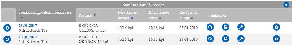 Även uppgifter om eventuella expedieringar visas. Om det finns uppgifter om expediering av läkemedlet får du fram dem via plus-ikonen till vänster på raden.