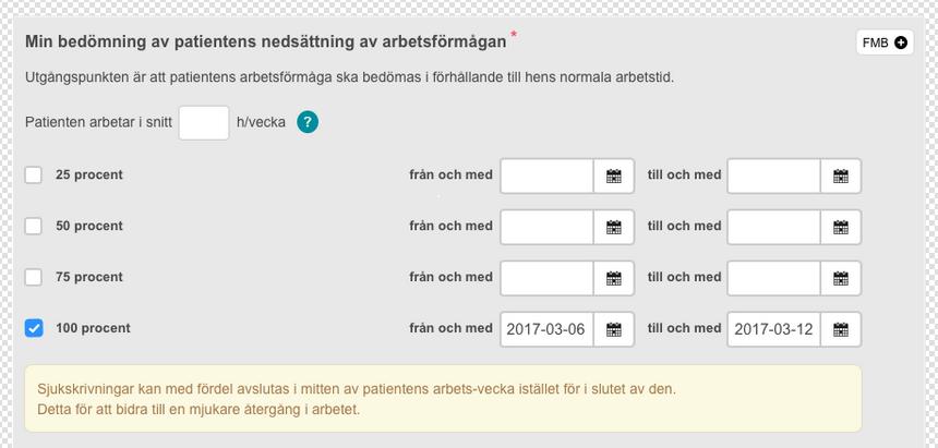 Figur 2. Exempel på hur de övergripande principerna för sjukskrivning kan presenteras i Webcert.
