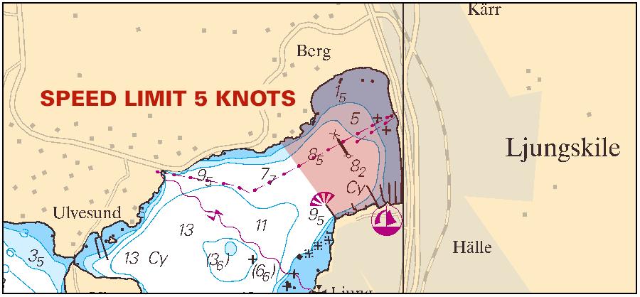 En fartbegränsning på 5 knop gäller i Ljungskileviken i vattenområdet innanför en linje mellan nedanstående positioner: Inför