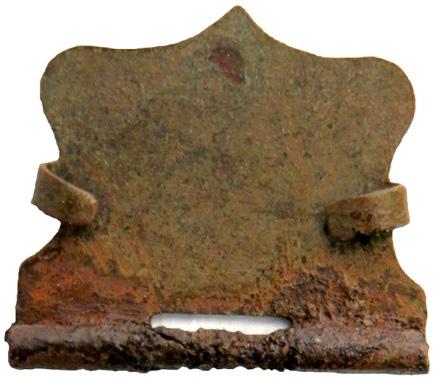 Figur 5. Schaktplan med stolphålen Anl 2 3 (blått), diket (mörkgrått), kulturlager (ljusgrått) och nedgrävning (brun). F1 4 hänför sig till de inmätta metallfynden.